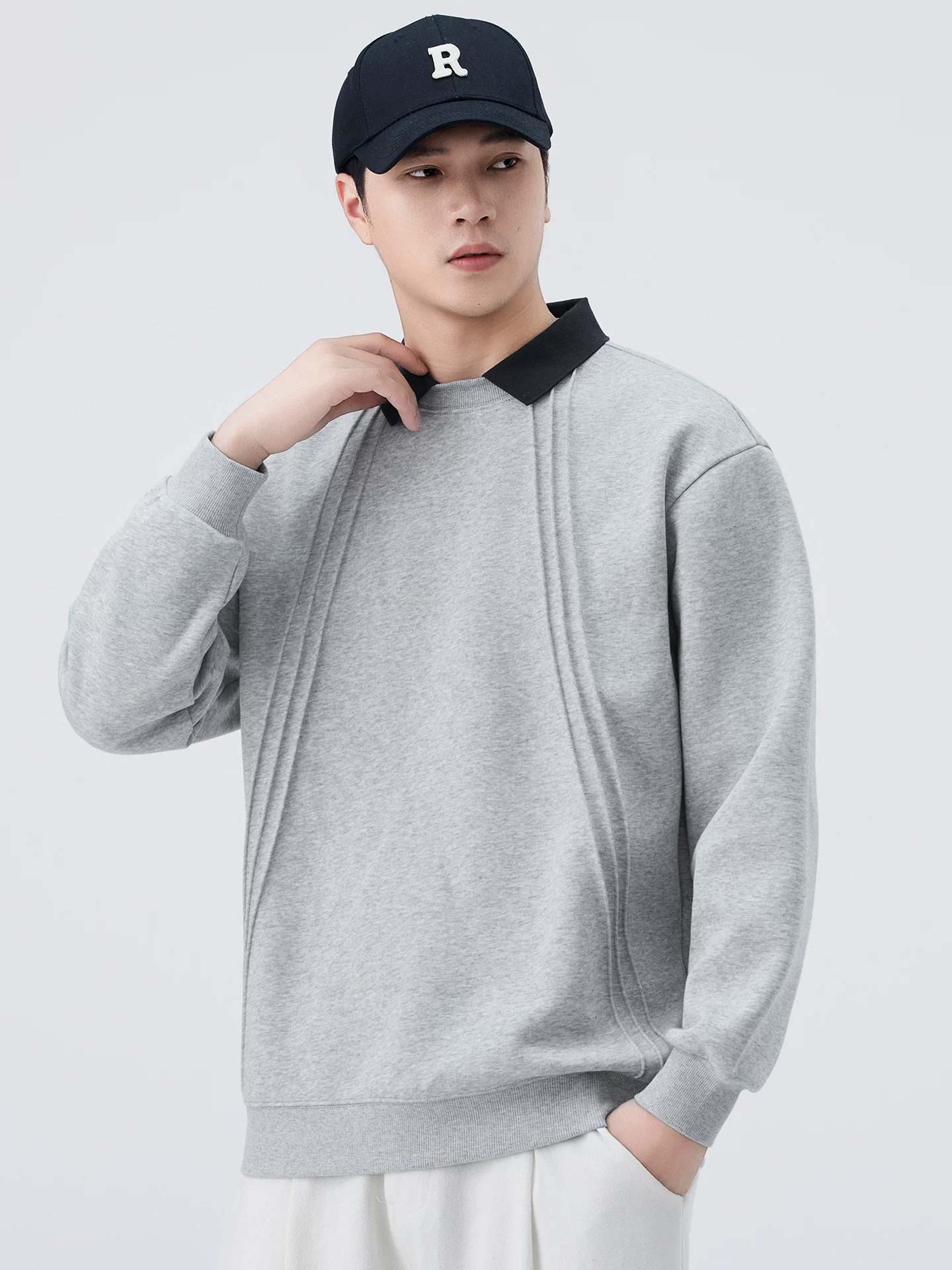 Áo len nam OMZM lót lông giả hai lớp kiểu dáng mới mùa đông 2025, đa năng, rộng rãi, thoải mái, tay dài, áo lót