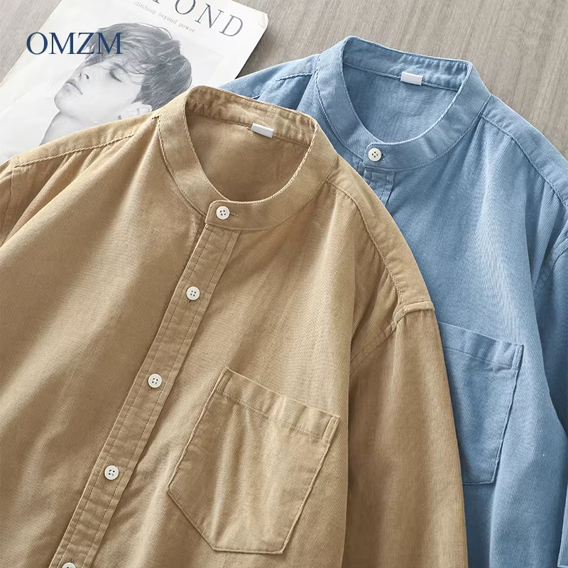 OMZM Áo sơ mi vải nhung dày kiểu Mỹ dành cho nam, dài tay, dáng rộng, cổ đứng, áo khoác thường ngày bằng cotton nguyên chất cao cấp, hợp thời trang.