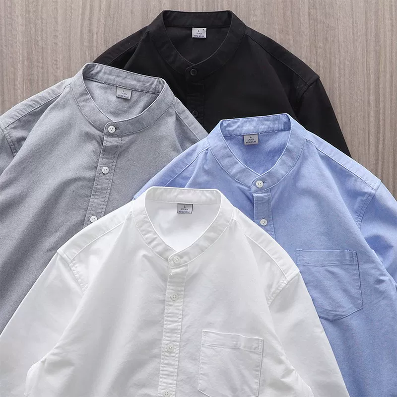 Áo sơ mi Oxford cotton nguyên chất kiểu Mỹ, tay dài, dành cho nam, mùa xuân thu, chất lượng cao cấp, kiểu áo khoác thường ngày, màu trắng, kiểu Henley