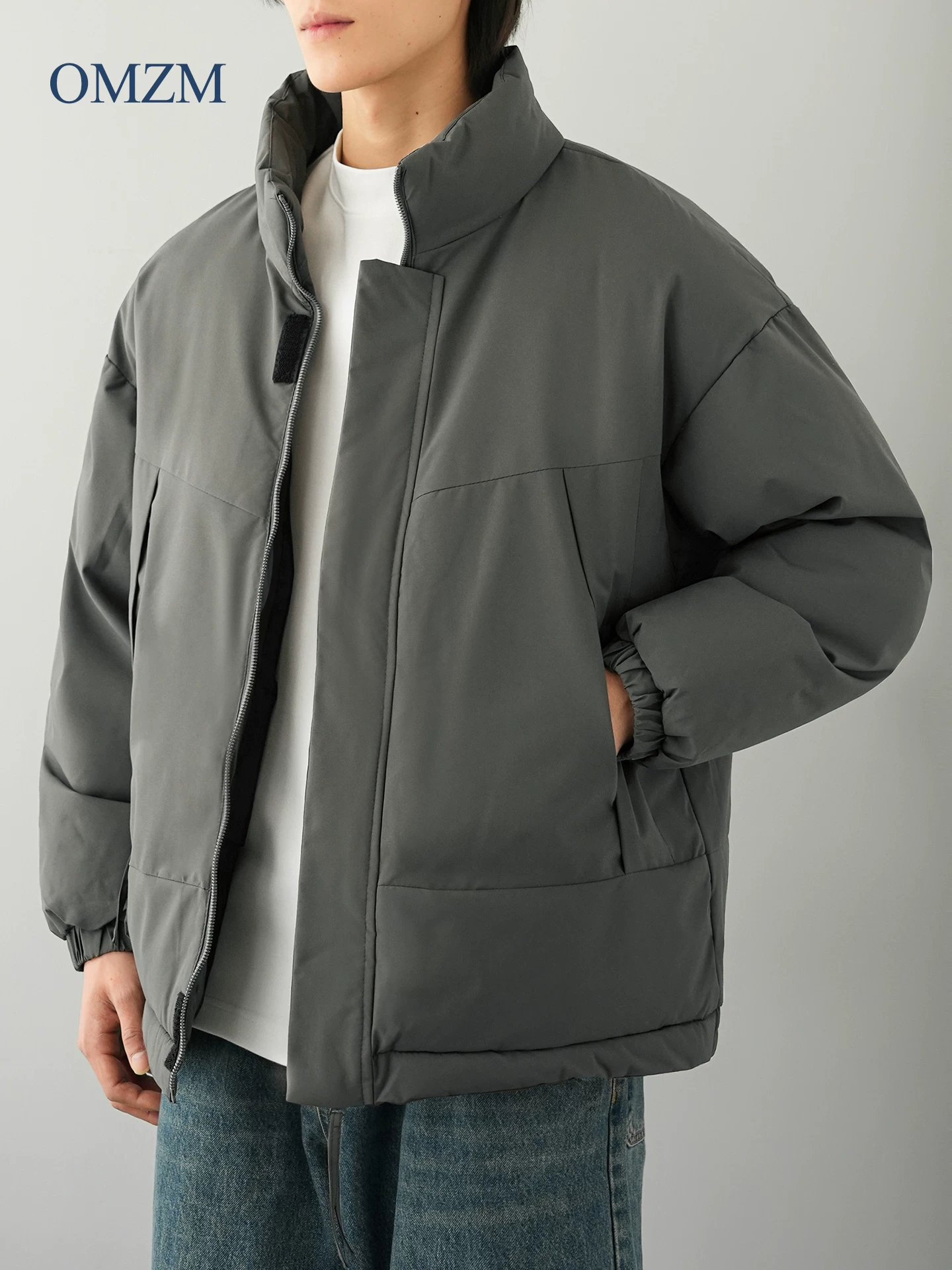 Áo khoác cotton cổ đứng kiểu Mỹ OMZM dành cho nam, áo khoác phao dày dặn ấm áp phong cách retro mùa đông, áo khoác chống gió màu trơn rộng rãi