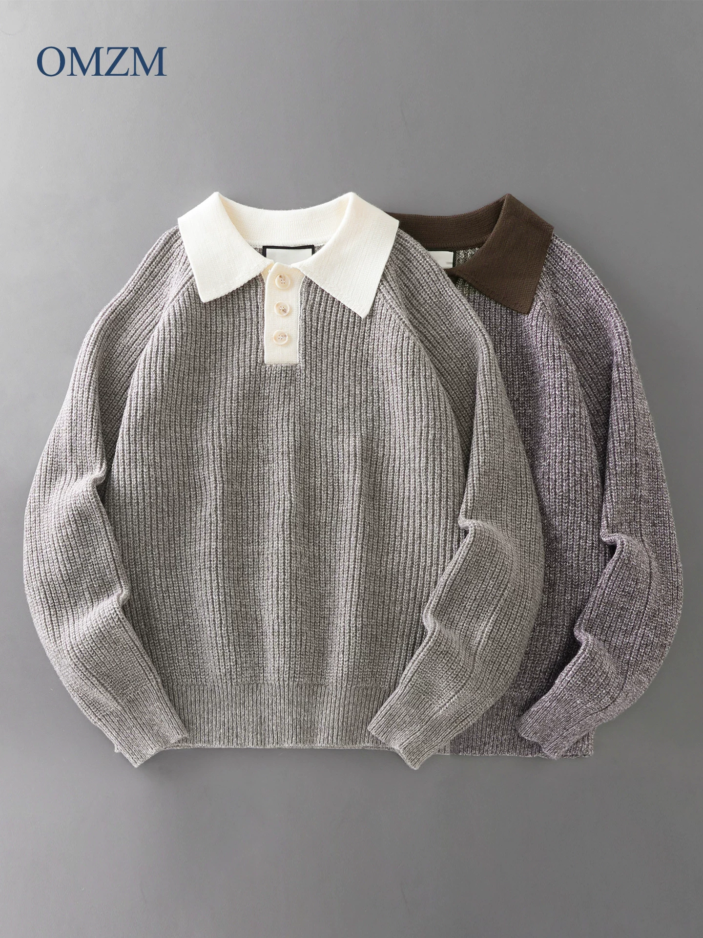 Áo len dệt kim nam OMZMPOLO có cổ, phong cách mùa thu, thiết kế trẻ trung thanh lịch, tay áo dài phối màu, phong cách giản dị và thoải mái.