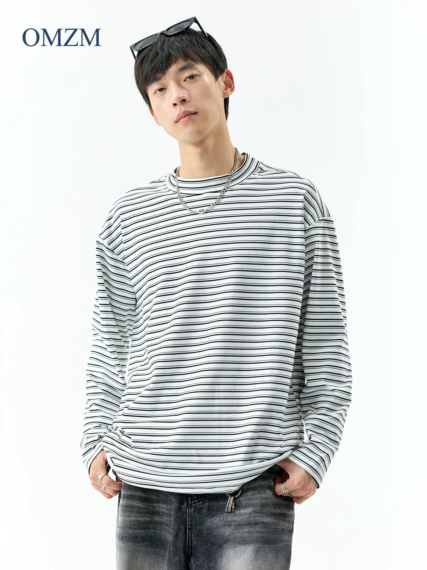 OMZM300G hạng nặng Đức nhung lớp nền áo thun nam mùa thu cổ cao nửa cổ áo thun dài tay sọc cổ điển Mỹ