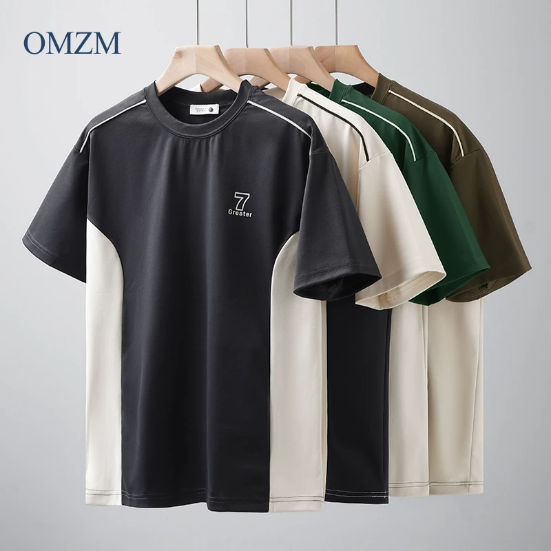 Áo thun OMZM chắp vá màu khối ngắn tay dành cho nam mùa hè kiểu dáng đường phố cao cấp của Mỹ áo thun dáng rộng cổ tròn nửa tay áo thun thông thường