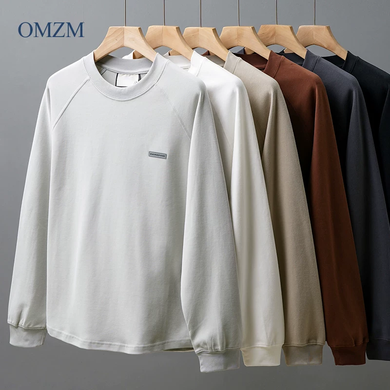 OMZM300G áo thun tay dài dáng rộng tay raglan hạng nặng dành cho nam mùa thu đông áo len cổ tròn rộng rãi lớp bên trong ấm áp áo sơ mi in họa tiết