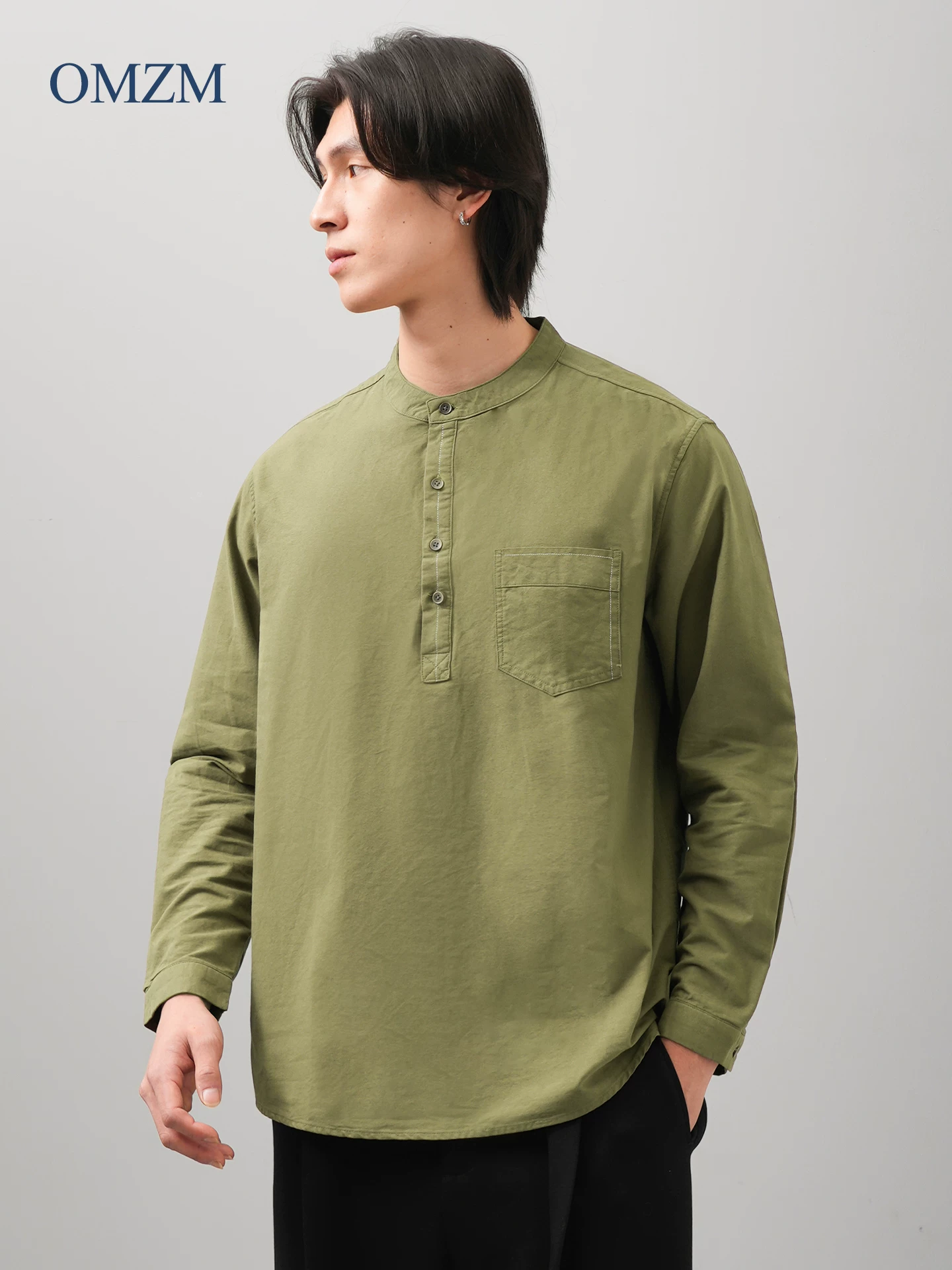 Áo sơ mi dài tay cổ đứng bằng cotton nguyên chất hạng nặng OMZM dành cho nam, áo sơ mi màu trơn phong cách Trung Quốc mới mùa thu đông, áo khoác thường ngày cao cấp