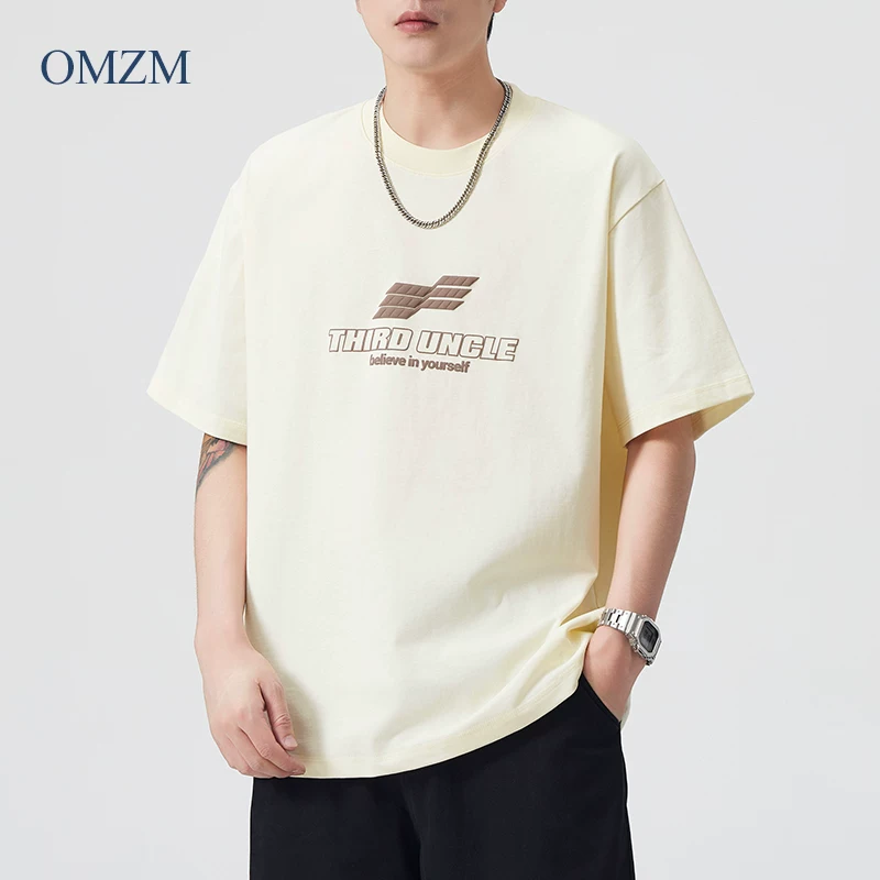 OMZM Áo thun cotton nguyên chất hạng nặng 280G phong cách Mỹ dành cho nam, tay ngắn, thiết kế dáng rộng mùa hè, áo thun nửa tay cổ tròn in hình, hợp thời trang