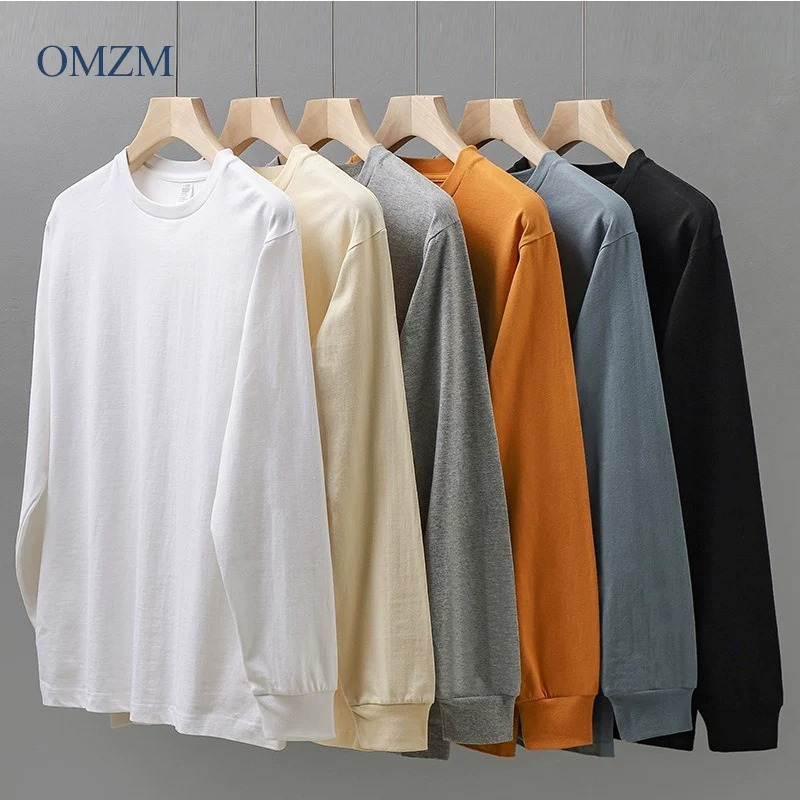 Áo thun dài tay hạng nặng 300G phong cách Mỹ của OMZM dành cho nam, áo sơ mi màu trắng nguyên chất bằng cotton nguyên chất mùa xuân và mùa thu mới, áo len cổ tròn dáng rộng
