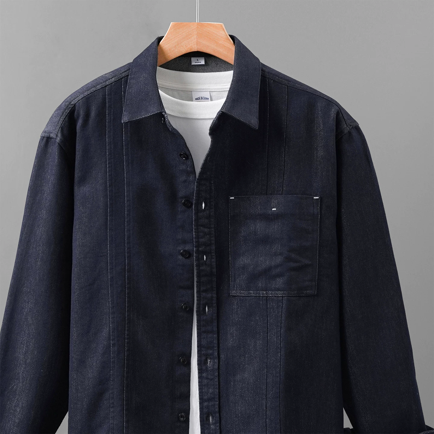 OMZM Lyocell Áo sơ mi denim nam dài tay mùa thu Mỹ retro đau khổ áo sơ mi có cổ áo khoác bảo hộ lao động dáng rộng