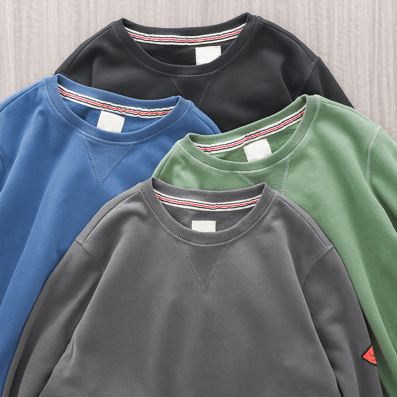 Áo len cổ tròn kiểu Mỹ dành cho nam, chất liệu cotton nguyên chất, dáng rộng, dày dặn, màu trơn, lót lông cừu, áo chui đầu dài tay, áo lót, áo khoác cho mùa xuân và mùa thu.