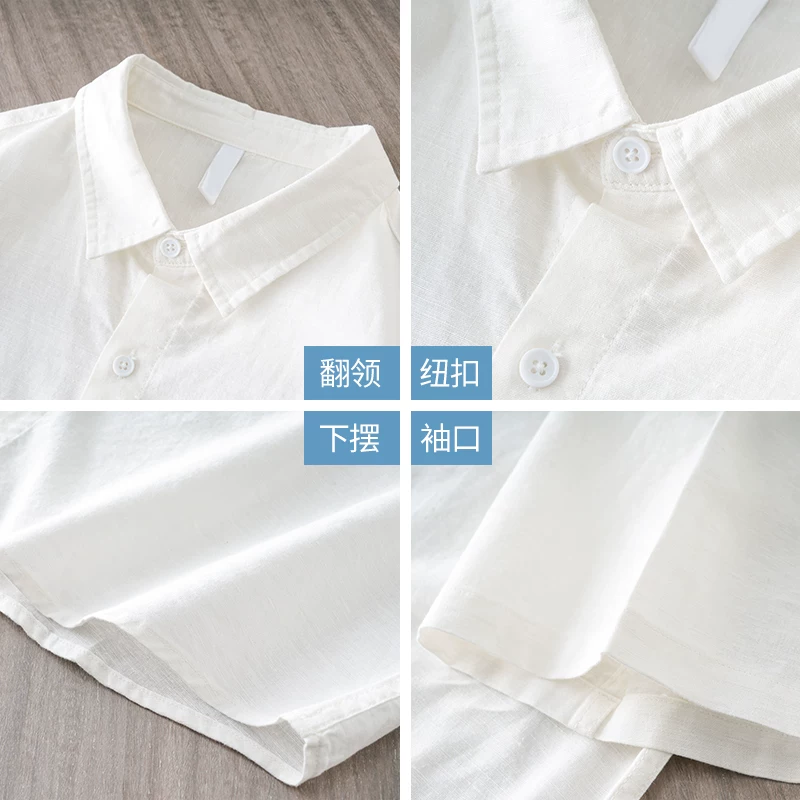 Áo sơ mi vải lanh thoáng khí kiểu Mỹ dành cho nam, tay ngắn, áo sơ mi trắng vải cotton-linen mỏng mùa hè, áo khoác thường ngày màu trơn cao cấp