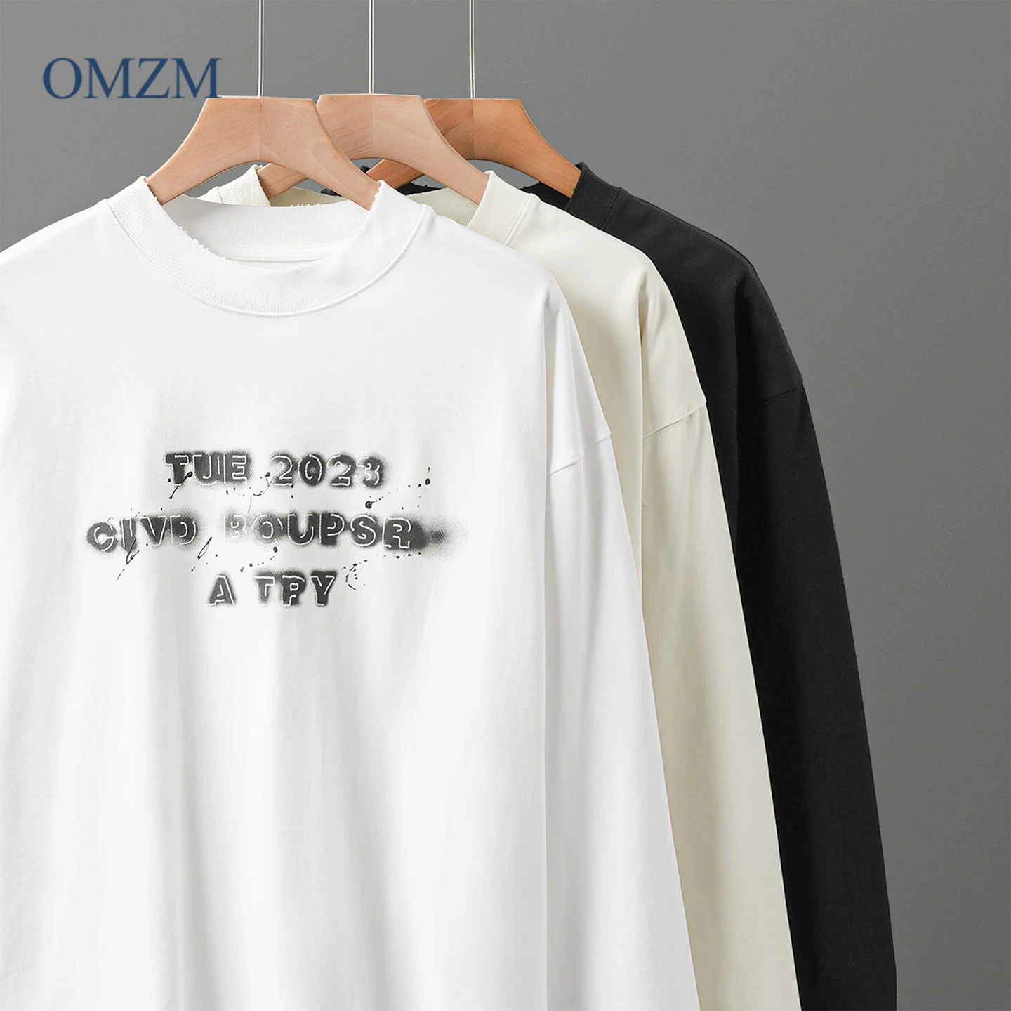 Áo thun dài tay cổ tròn bằng cotton nguyên chất hạng nặng OMZM dành cho nam, áo thun dài tay in chữ phong cách Mỹ mùa thu