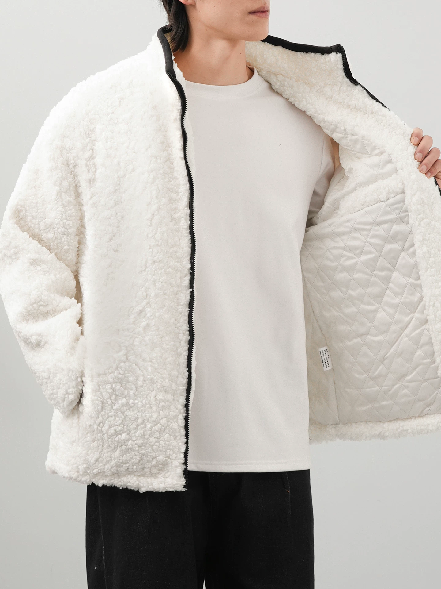 Áo khoác cotton cổ đứng kiểu Mỹ OMZM dành cho nam, áo khoác cotton dày dặn lót lông cừu mùa đông, áo khoác len cừu trắng.