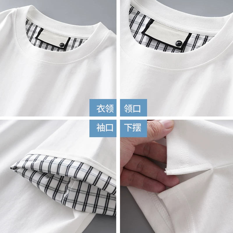 Áo thun nam giả hai mảnh tay ngắn, chất liệu dày dặn, kiểu dáng rộng rãi mùa hè, cổ tròn, thiết kế thời trang với chi tiết phối tay áo, màu trơn nửa tay.
