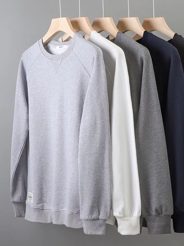 Áo len cổ tròn dày dặn 380g kiểu Mỹ dành cho nam, áo thun dày mặc mùa thu đông, áo khoác màu xám chất liệu cotton terry nguyên chất