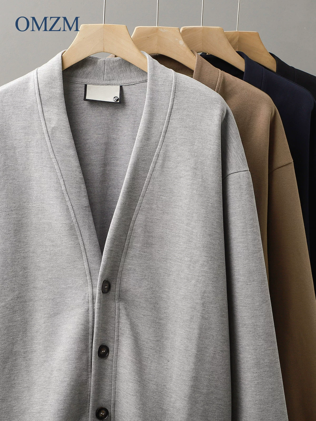 Áo khoác cardigan cotton pique hạng nặng OMZM400g dành cho nam, phong cách Mỹ mùa xuân, áo khoác dài tay cổ chữ V màu trơn cao cấp, hợp thời trang