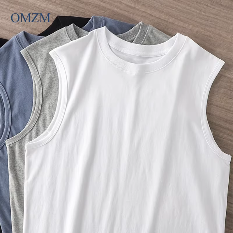 Áo thun nam không tay, chất liệu cotton nguyên chất, cổ tròn, mặc trong mùa hè, áo vest thể thao màu trắng tinh khiết, dáng rộng.