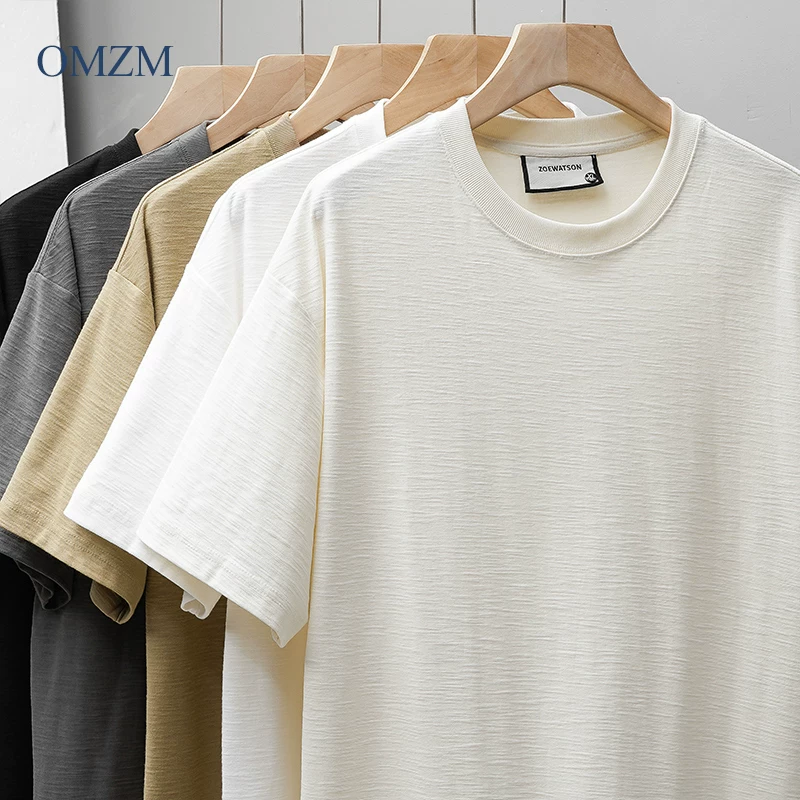 Áo thun nam tay ngắn chất liệu cotton slub dày dặn 340g kiểu Mỹ OMZM, mùa hè cao cấp, thoáng khí, màu trắng tinh khiết, chất liệu cotton nguyên chất