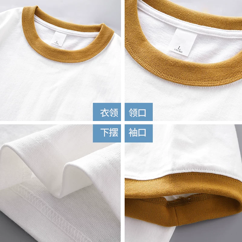 Áo thun cotton nguyên chất phối màu hạng nặng 320G dành cho nam và nữ, thiết kế mùa hè ngắn tay với cổ tròn phối màu, kiểu áo nửa tay, đường may ba kim.