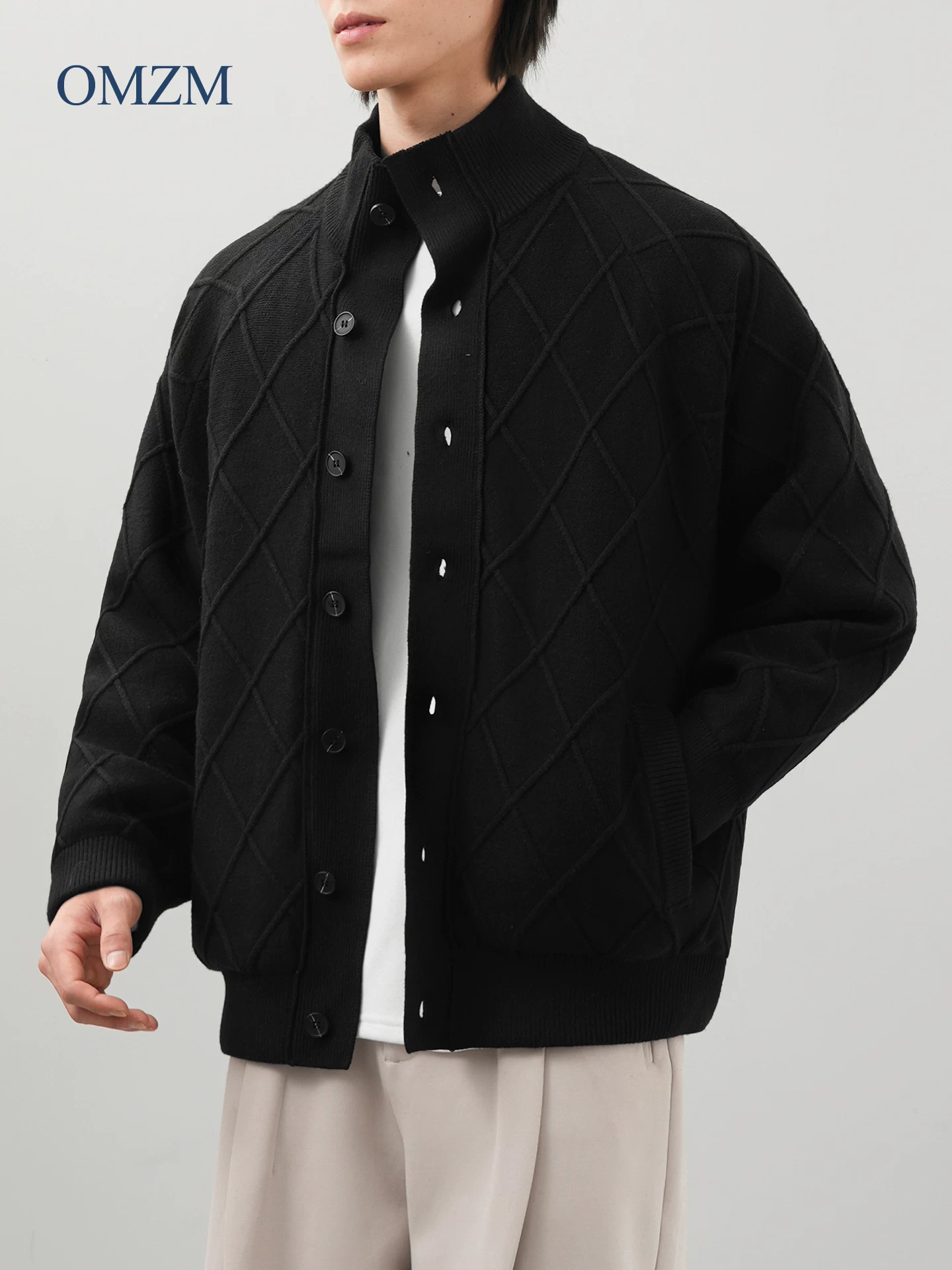 Áo khoác lông vũ có họa tiết chần bông OMZM90 dành cho nam, áo len dày cổ đứng kiểu Mỹ mùa đông, áo khoác cổ điển kiểu Mỹ.