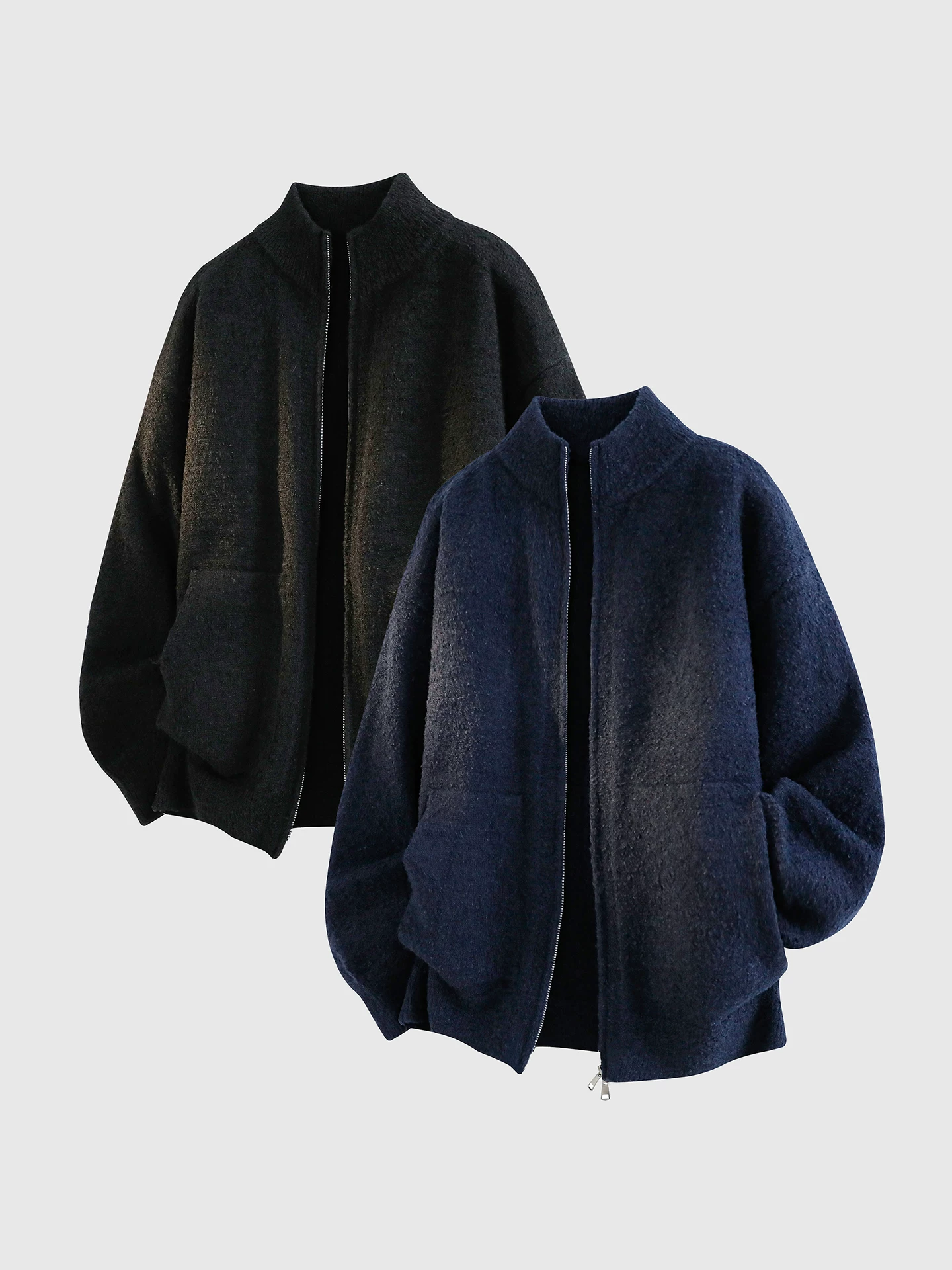 Áo len cardigan xoắn OMZM dành cho nam, phong cách mùa đông, tạo cảm giác lười biếng và cao cấp, áo dệt kim cổ đứng, áo khoác có khóa kéo dáng rộng thông thường.