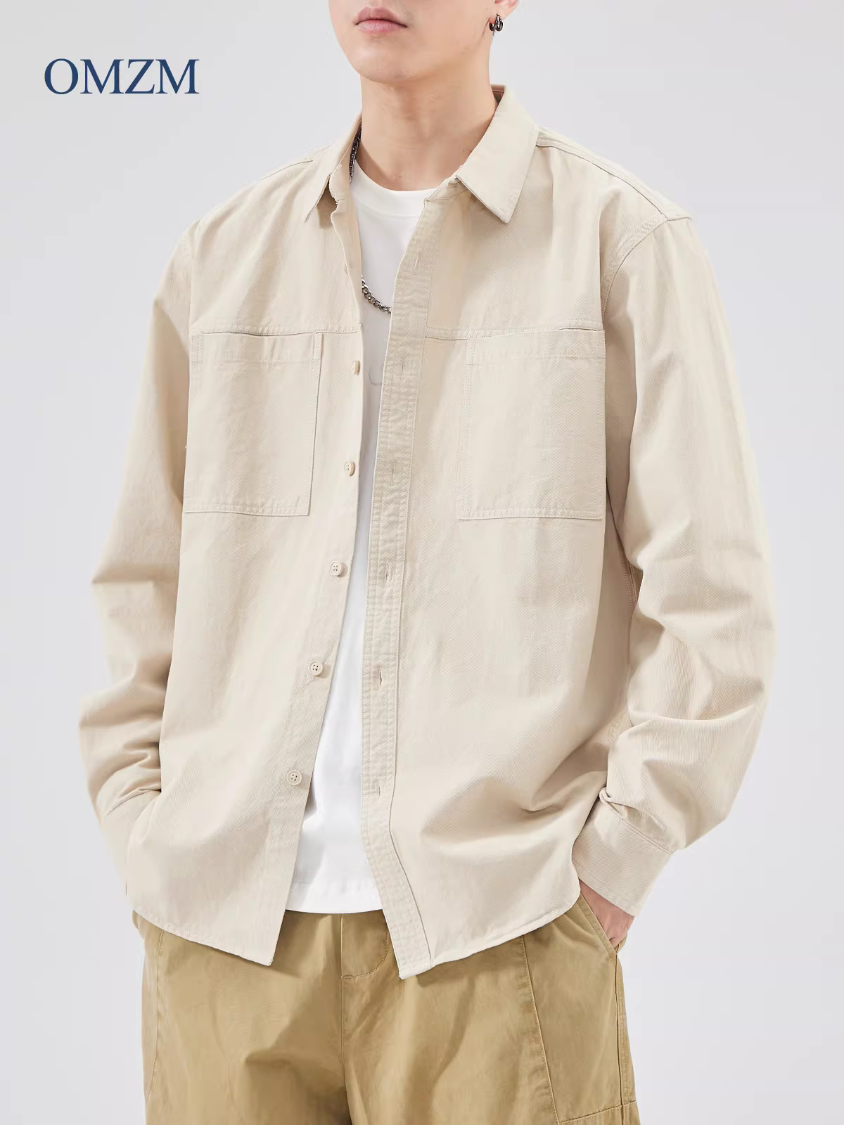 Áo khoác sơ mi nam chất liệu cotton dày dặn thu đông 2024 phong cách cityboy Nhật Bản, cổ trụ