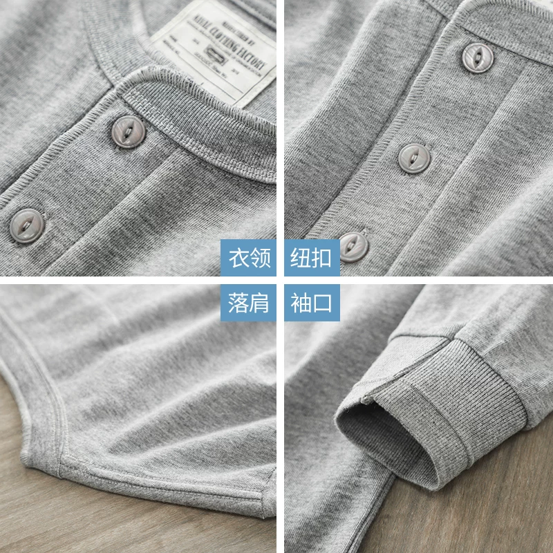 OMZM Áo thun dài tay cổ henley cổ điển kiểu Mỹ 300G dành cho nam, mùa xuân và mùa thu, áo sơ mi cotton nguyên chất Amekaji