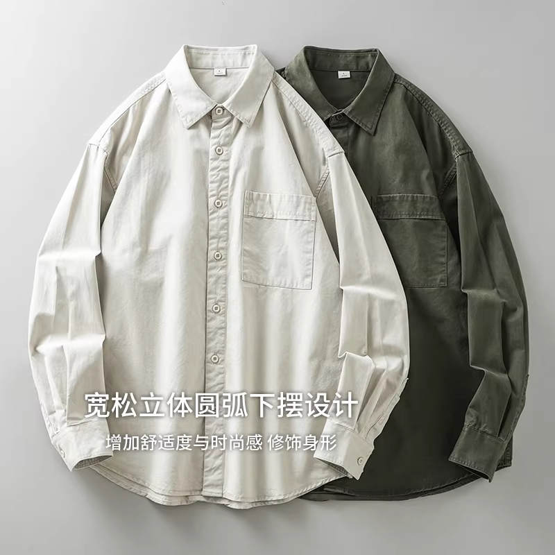 Áo khoác sơ mi cotton dày 400G dành cho nam, mùa xuân thu, kiểu Mỹ cổ điển, áo sơ mi màu trơn đã qua xử lý làm mềm