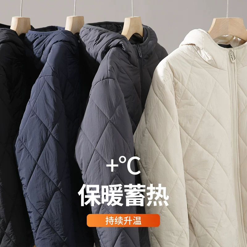 Áo khoác cotton có mũ trùm đầu họa tiết kim cương OMZM dành cho nam, quần áo cotton dày dặn ấm áp mùa đông, lớp lót bên trong màu trơn, áo khoác nhẹ, áo khoác độn bông.