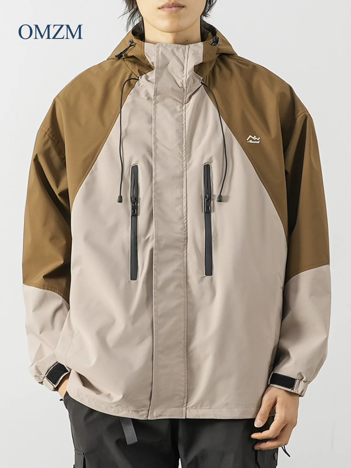 Áo khoác ngoài trời có mũ trùm đầu hạng nặng OMZM dành cho nam, áo khoác chắp vá phối màu theo phong cách núi non, áo khoác chức năng kiểu Mỹ dành cho cặp đôi, hợp thời trang
