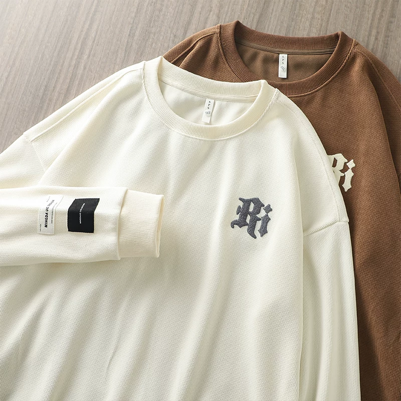 Áo len cổ tròn hạng nặng kiểu Mỹ dành cho nam, áo sơ mi đế thêu dệt kim độc đáo mùa thu đông, áo khoác dài tay cao cấp