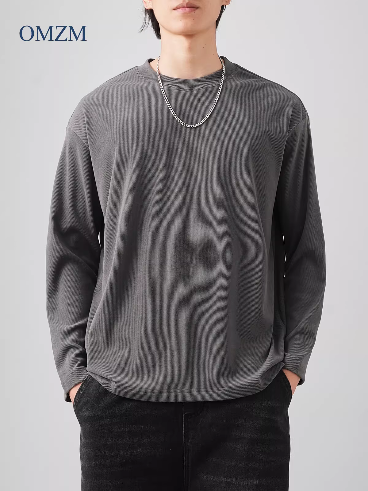 Áo thun dài tay nhung hạng nặng OMZM270G của Đức dành cho nam, áo sơ mi màu trơn sọc dọc mùa thu đông, áo thun cổ tròn.