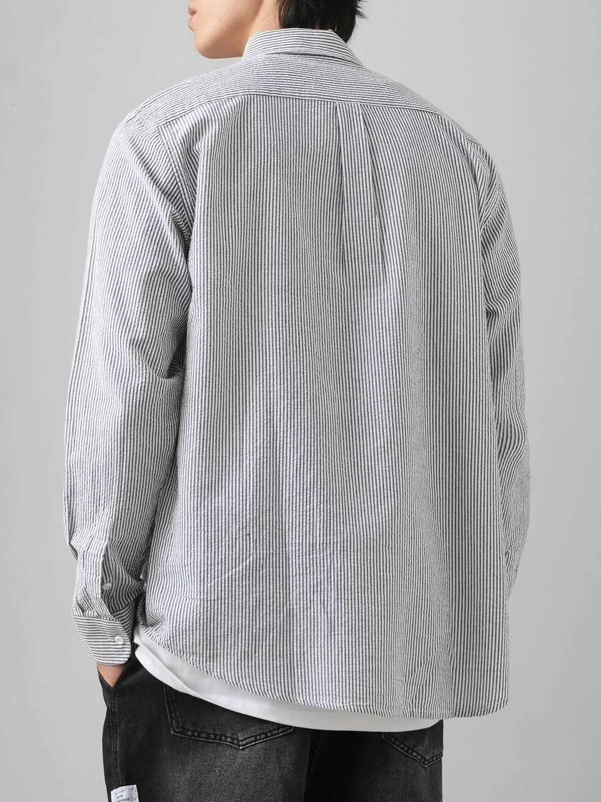 OMZM Áo sơ mi sọc seersucker kiểu Mỹ dành cho nam, áo sơ mi dài tay, dáng rộng, chất liệu cotton nguyên chất có cổ bẻ, áo khoác thường ngày thoáng khí cho mùa thu.