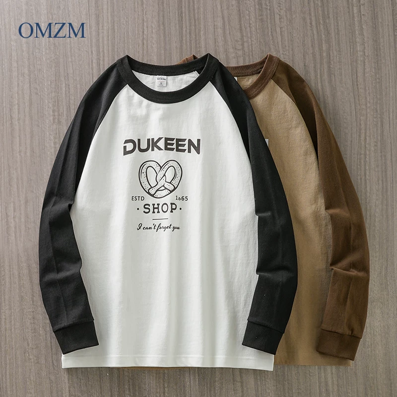 Áo thun dài tay bằng cotton nguyên chất hạng nặng OMZM320G dành cho nam, phong cách xuân thu, tay áo raglan in chữ, cổ tròn, áo lót bên trong.