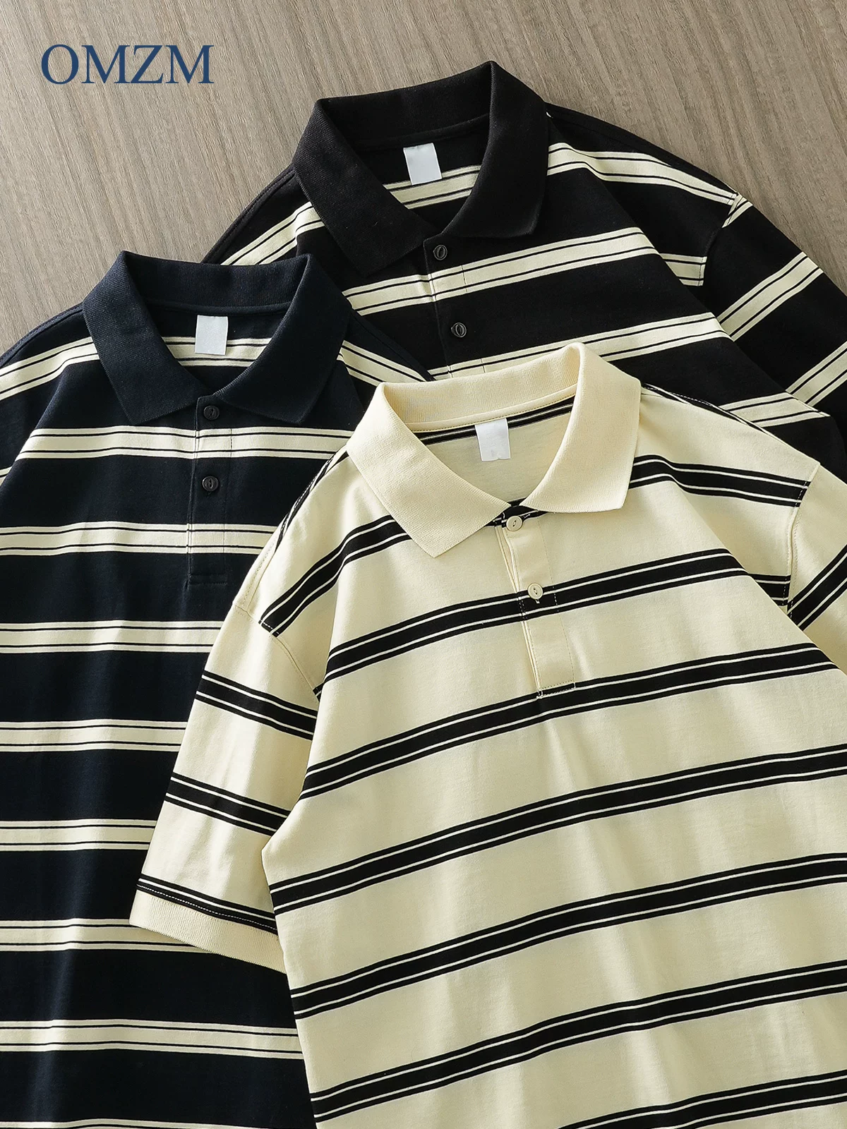 OMZM phong cách Mỹ 320G áo sơ mi cotton nặng POLO tay ngắn nam mùa hè áo thun dáng rộng có cổ sọc đen nửa tay hợp thời trang