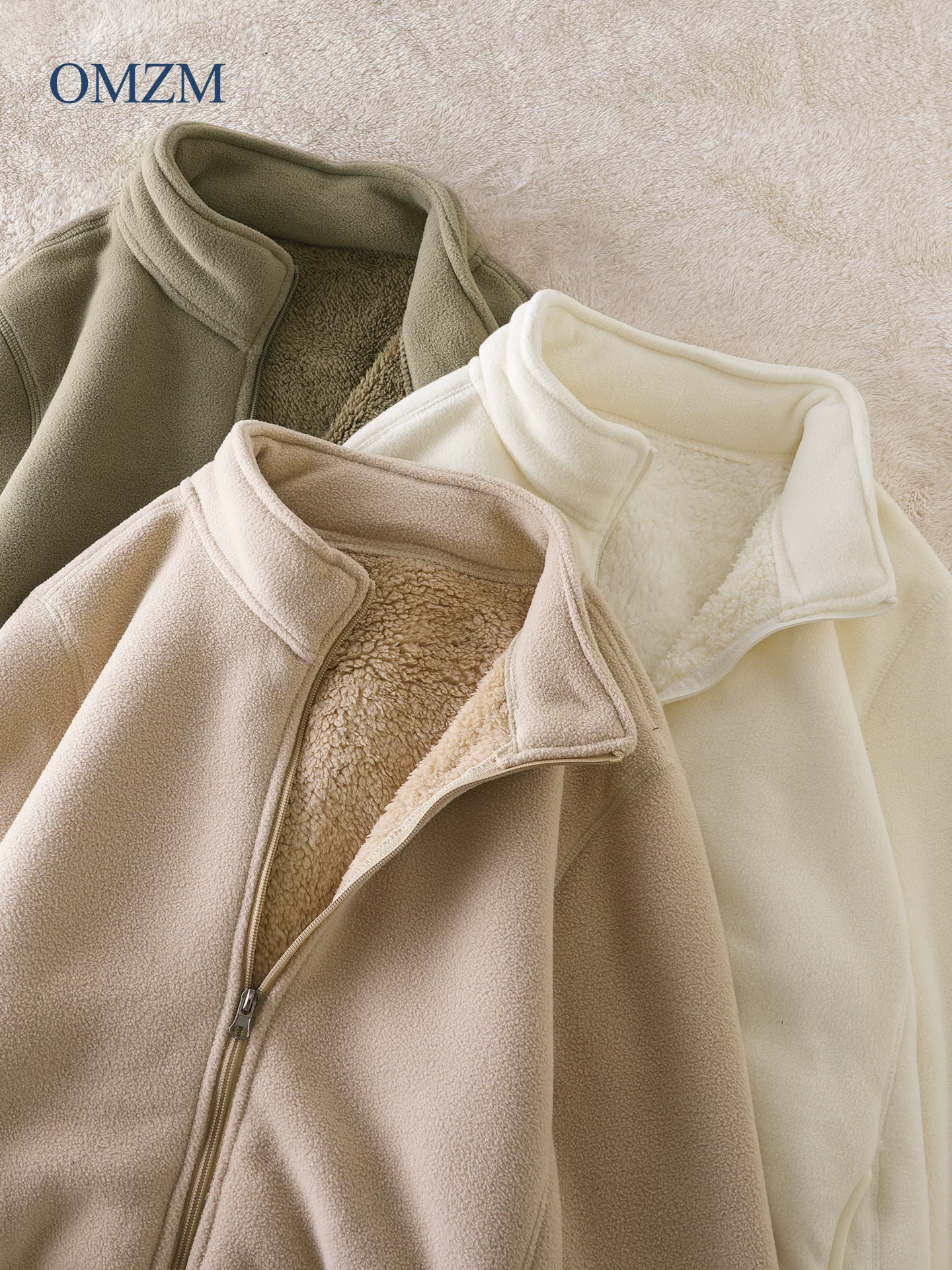 Áo khoác cổ đứng bằng lông cừu OMZM dành cho nam, lót lông cừu mùa đông, dày dặn, áo khoác cotton lông cừu ấm áp, áo len cardigan lông cừu