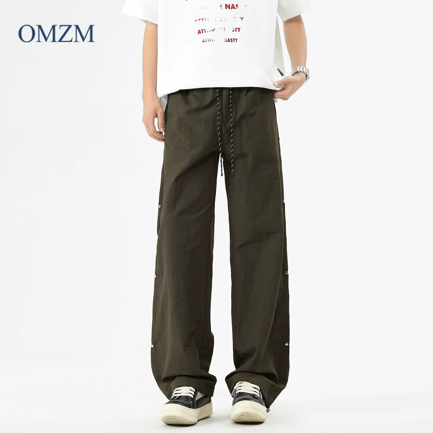 Quần thể thao khô nhanh bằng vải lụa kiểu Mỹ của OMZM dành cho nam, quần cargo mỏng mùa hè, quần lính dù có thiết kế tinh tế, quần dài thường ngày có khuy