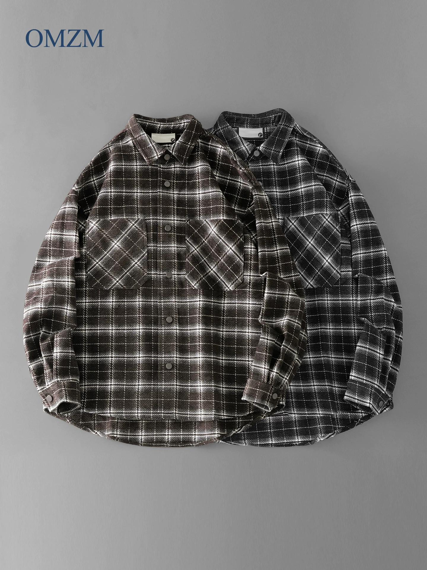 Áo sơ mi dài tay kẻ sọc kiểu Mỹ OMZM dành cho nam, áo sơ mi dáng rộng có túi cổ điển mùa thu, áo khoác oversized có cổ màu sắc tương phản