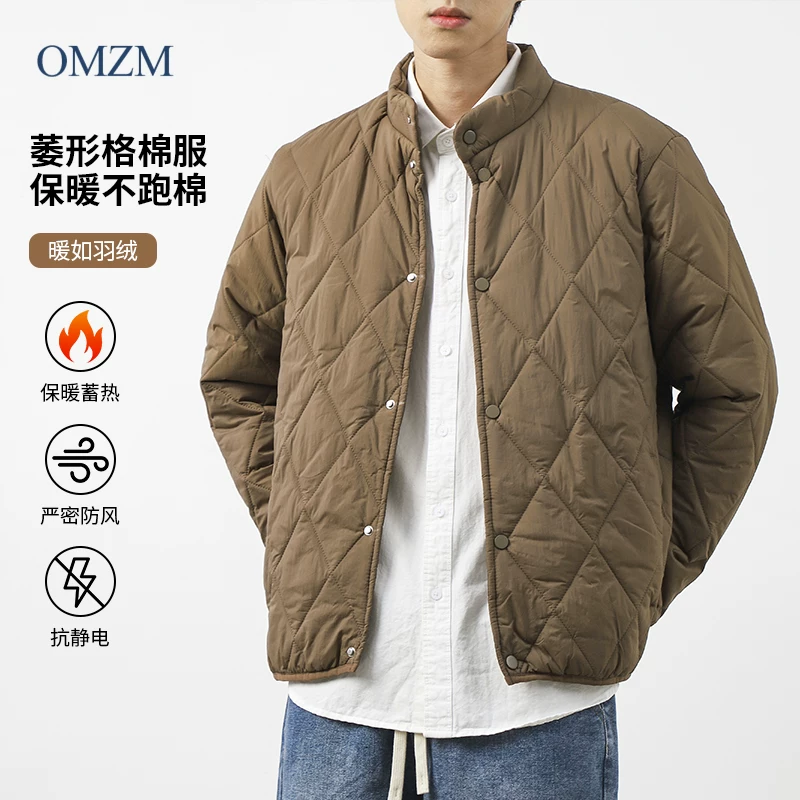 Áo khoác cotton không cổ cho nam, áo khoác cotton dày dặn ấm áp mùa đông, áo khoác cotton nhỏ nhẹ họa tiết kim cương xếp lớp cổ điển.