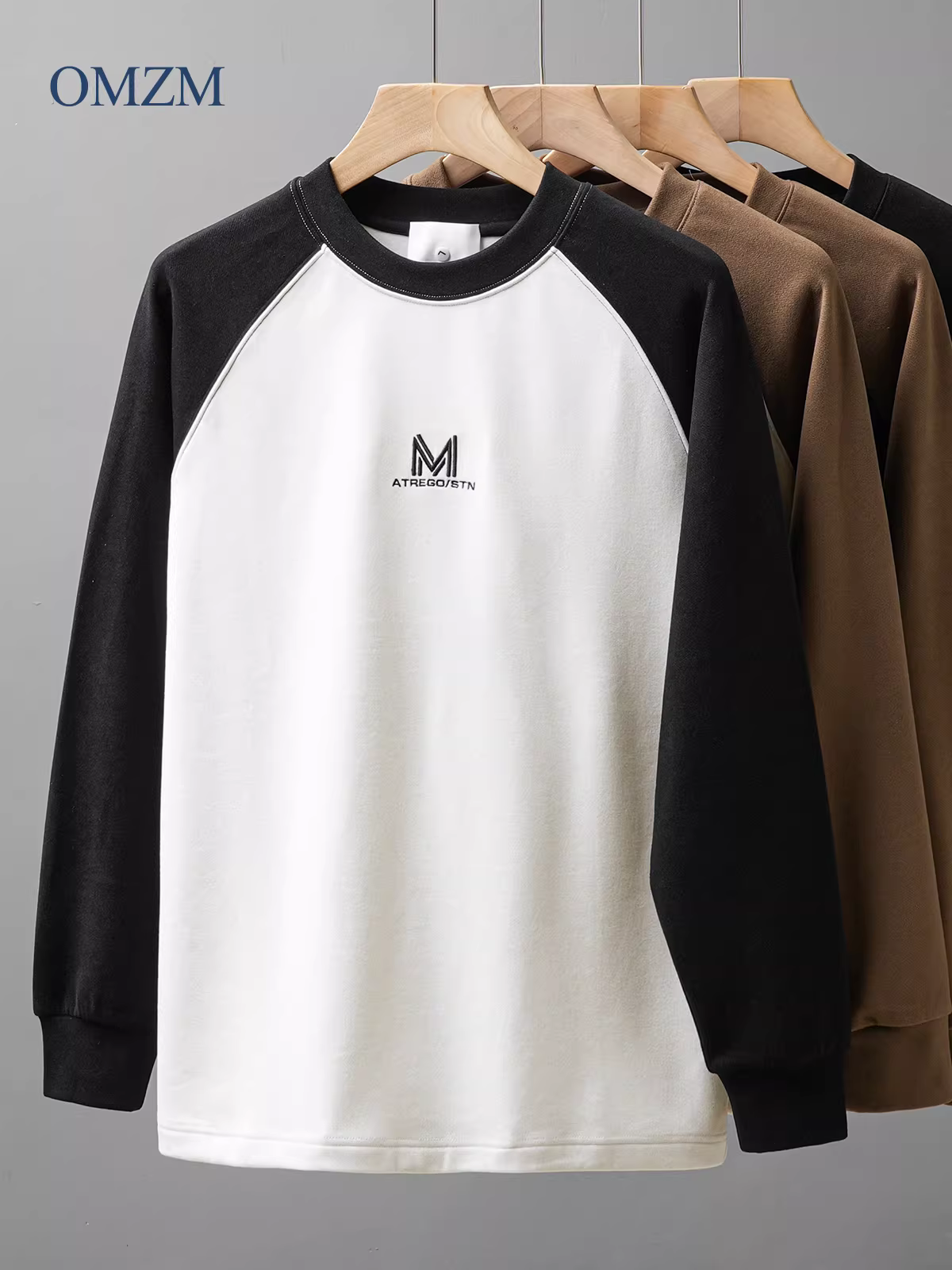 Áo thun nam tay raglan chất liệu nhung Đức cao cấp OMZM, áo len thêu mùa thu 2024, áo lót giữ ấm.