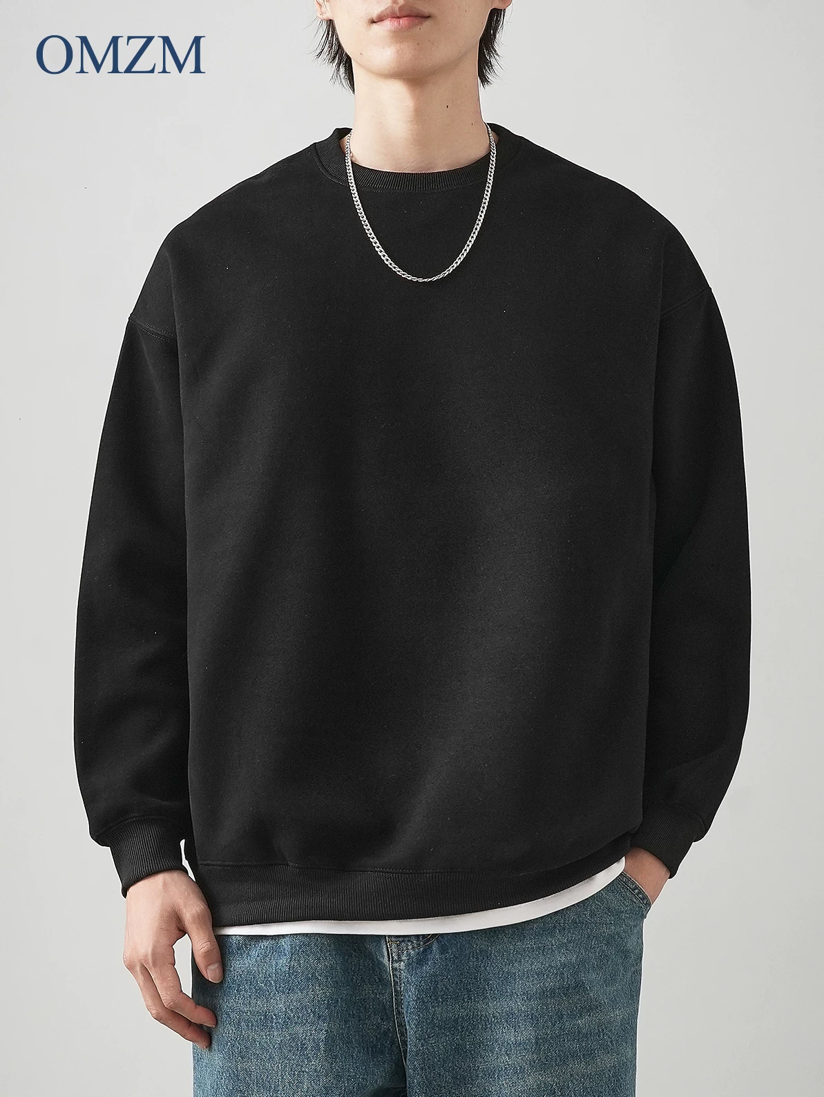 Áo thun cổ tròn hạng nặng 460G kiểu Mỹ của OMZM dành cho nam, áo khoác không mũ màu trơn mùa thu, áo thun dáng rộng và đa năng.