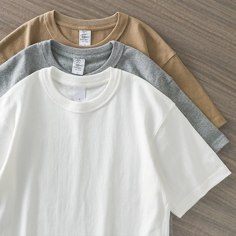 Áo thun nam tay ngắn chất liệu cotton dày dặn 400g kiểu Mỹ cổ điển, áo thun mùa hè cổ tròn rộng rãi chất liệu cotton nguyên chất, màu trắng trơn nửa tay.