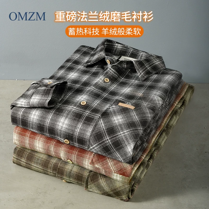 Áo khoác flannel hạng nặng 400G dành cho nam, mùa thu đông, kiểu Mỹ cổ điển, dày dặn, kẻ ca rô, áo sơ mi dài tay ấm áp