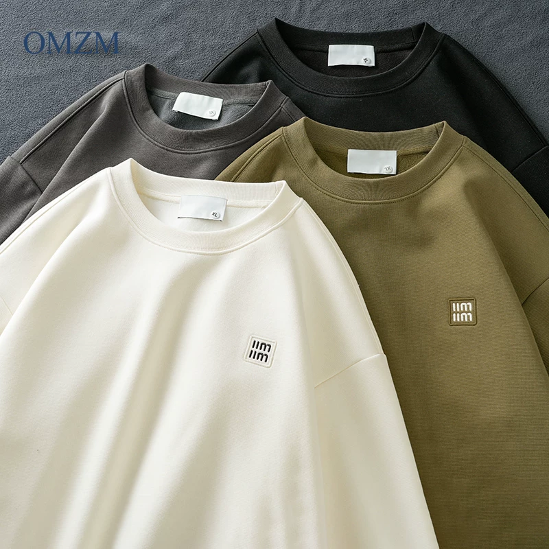 Áo len cổ tròn lót lông cừu hạng nặng OMZM460G dành cho nam, áo khoác dài tay thêu rộng rãi mùa thu đông, áo lớp lót dày dặn giữ ấm.