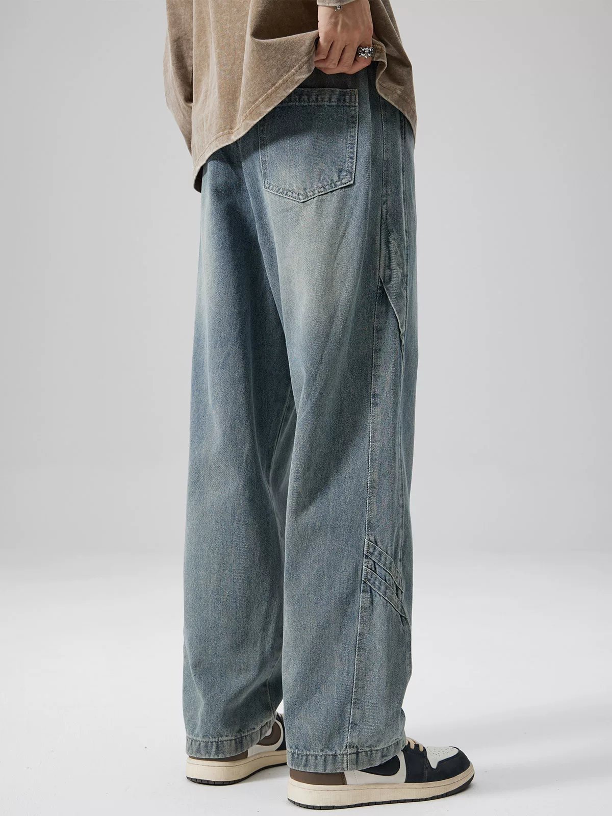 Quần jean cổ điển giặt kiểu Mỹ của OMZM dành cho nam, quần dài ống thẳng dáng rộng mùa xuân thu, quần công sở chắp vá hợp thời trang