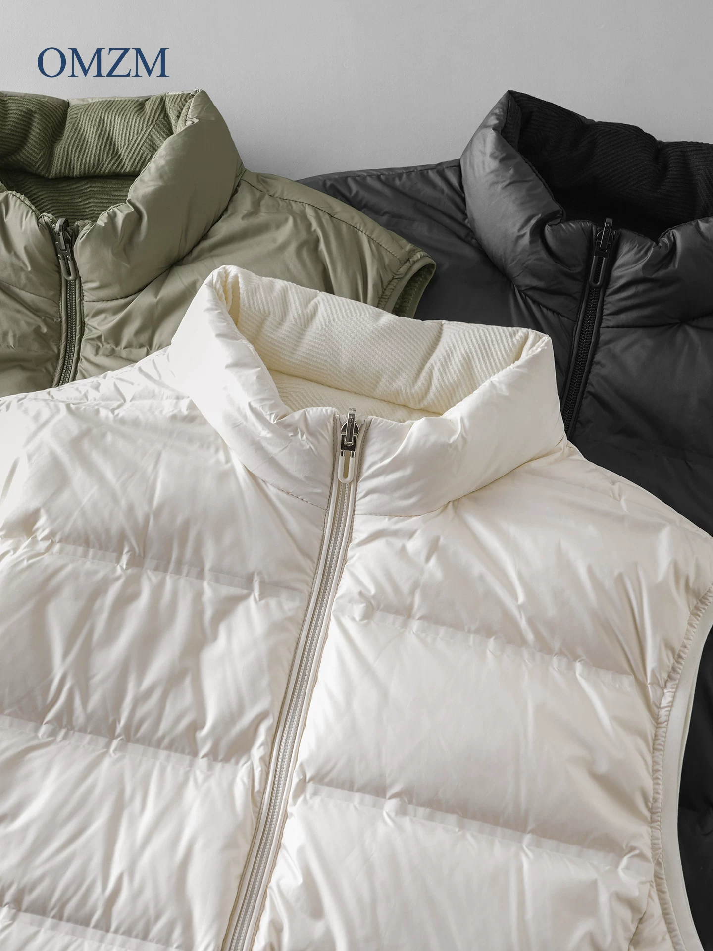 Áo vest lông vịt trắng OMZM90 dành cho nam, áo vest ngắn có gân ấm áp mùa đông, áo khoác không tay dày dặn.
