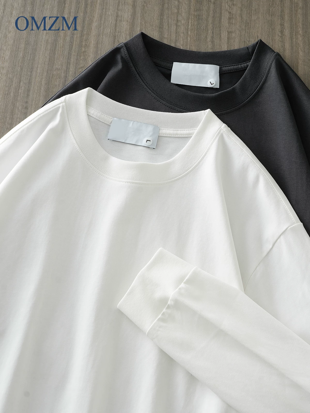 Áo thun dài tay hạng nặng mật độ cao OMZM dành cho nam, áo sơ mi lớp nền màu trắng tinh khiết phong cách Mỹ mùa thu để mặc nhiều lớp, áo len cổ tròn.