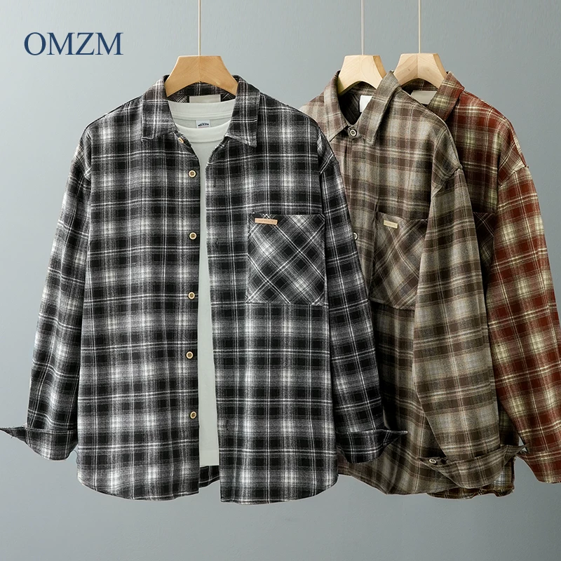 Áo khoác flannel hạng nặng 400G dành cho nam, mùa thu đông, kiểu Mỹ cổ điển, dày dặn, kẻ ca rô, áo sơ mi dài tay ấm áp