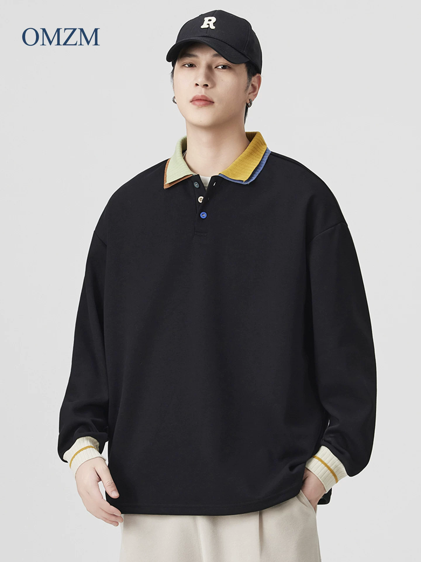 Áo nỉ cổ POLO hai lớp hạng nặng OMZM dành cho nam, phong cách đường phố cao cấp của Mỹ mùa thu, áo sơ mi dài tay có cổ phối màu