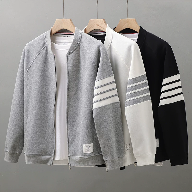 Áo khoác cardigan hạng nặng kiểu Mỹ của OMZM, dáng rộng, áo khoác bóng chày cổ đứng có bốn sọc, áo nỉ mùa thu dành cho nam và nữ.