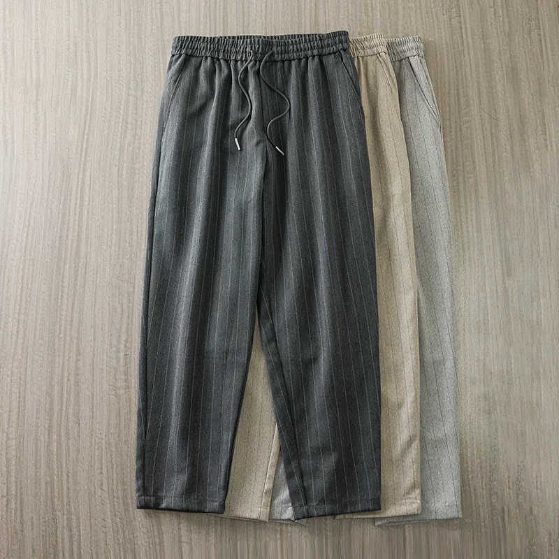 Quần thường ngày sọc dày kiểu cổ điển của Mỹ OMZM dành cho nam, quần ống suông dáng suông mùa hè, quần bút chì cotton nguyên chất